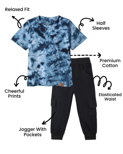 Blue Tie & Dye Printed Premium Cotton T-Shirt & Jogger Set for Boys