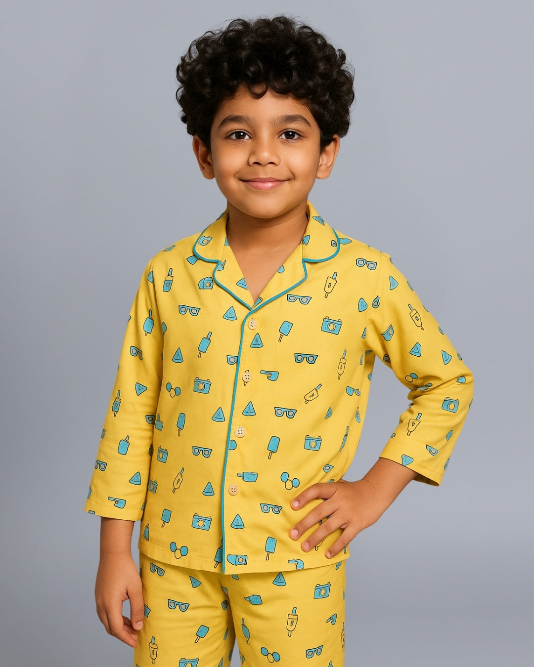 Yellow Premium Cotton Full Sleeves Printed Collar Style Pyjama & T-Shirt Set for Boys & Girls