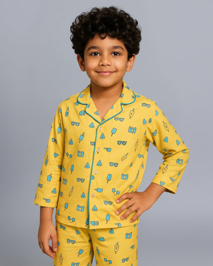 Yellow Premium Cotton Full Sleeves Printed Collar Style Pyjama & T-Shirt Set for Boys & Girls
