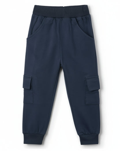 Blue Loop Knit Cotton Cargo Jogger with Pockets for Boys & Girls