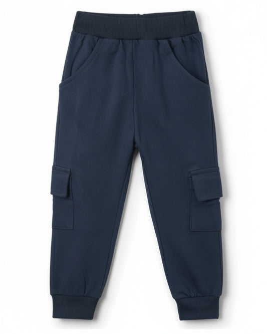 Blue Loop Knit Cotton Cargo Jogger with Pockets for Boys & Girls