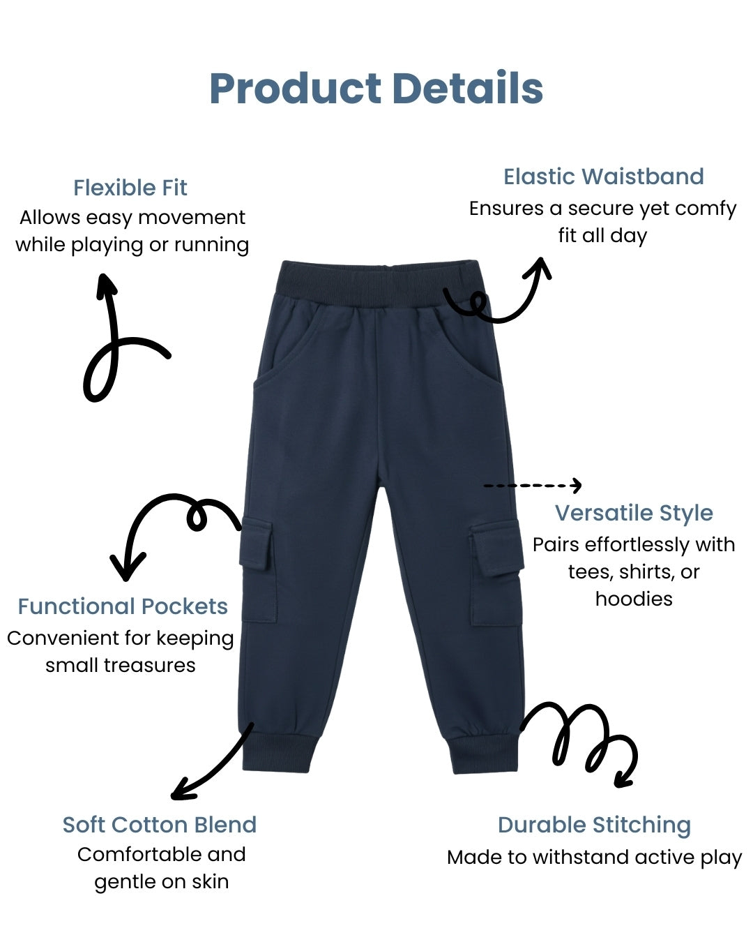 Blue Loop Knit Cotton Cargo Jogger with Pockets for Boys & Girls