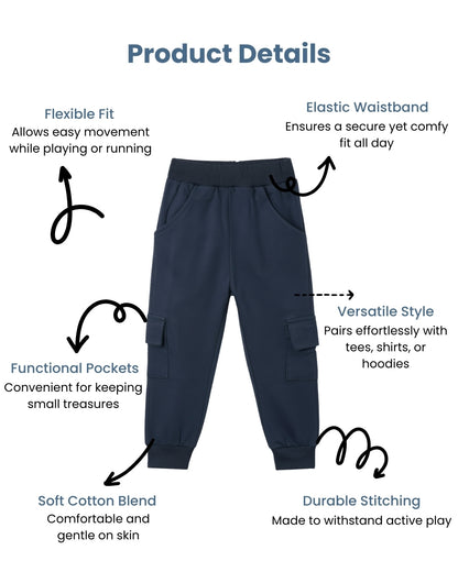 Blue Loop Knit Cotton Cargo Jogger with Pockets for Boys & Girls
