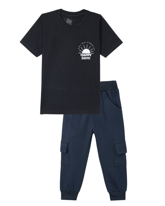 Typographic Printed Premium Cotton Half Sleeves Black T-Shirt with Navy Blue Jogger for Boys