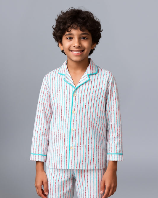 Multi-Color Stripe Vibe Collar Style Nightsuit for Kids