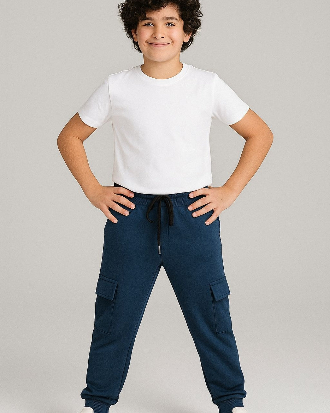 Blue Loop Knit Cotton Cargo Jogger with Pockets for Boys & Girls