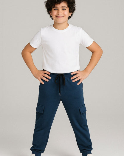 Blue Loop Knit Cotton Cargo Jogger with Pockets for Boys & Girls