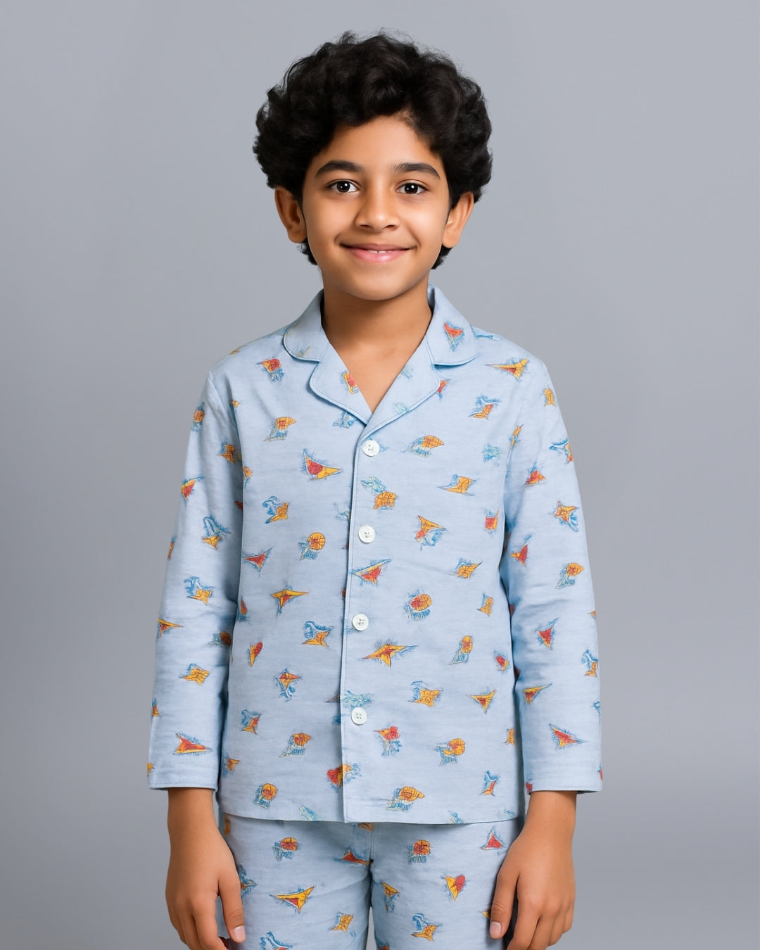 Blue Dinosaur Printed Cotton Night Suit for Boys