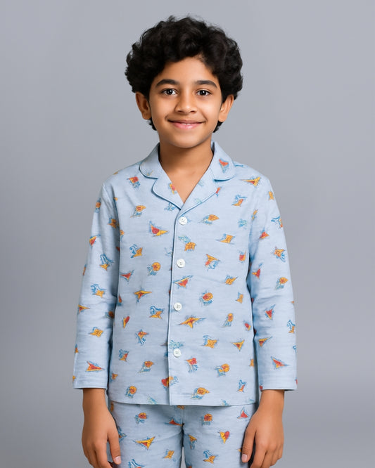 Blue Dinosaur Printed Cotton Night Suit for Boys