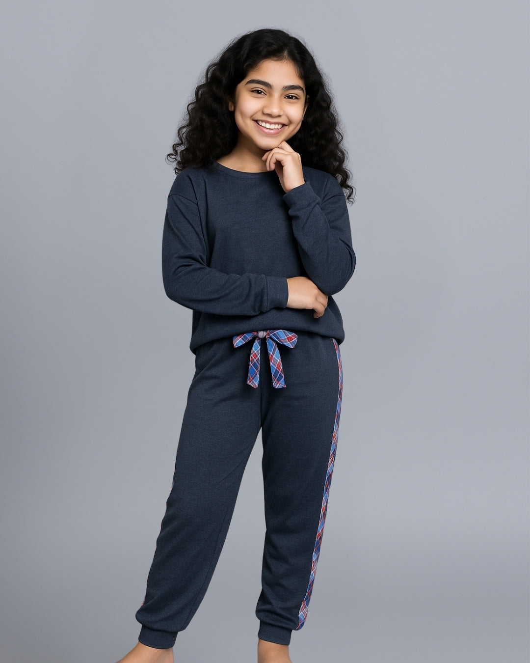Blue Checks Striped Joggers Night Suit for Girls