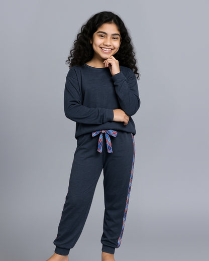 Blue Checks Striped Joggers Night Suit for Girls