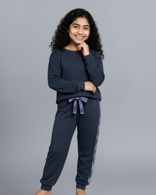Blue Checks Striped Joggers Night Suit for Girls