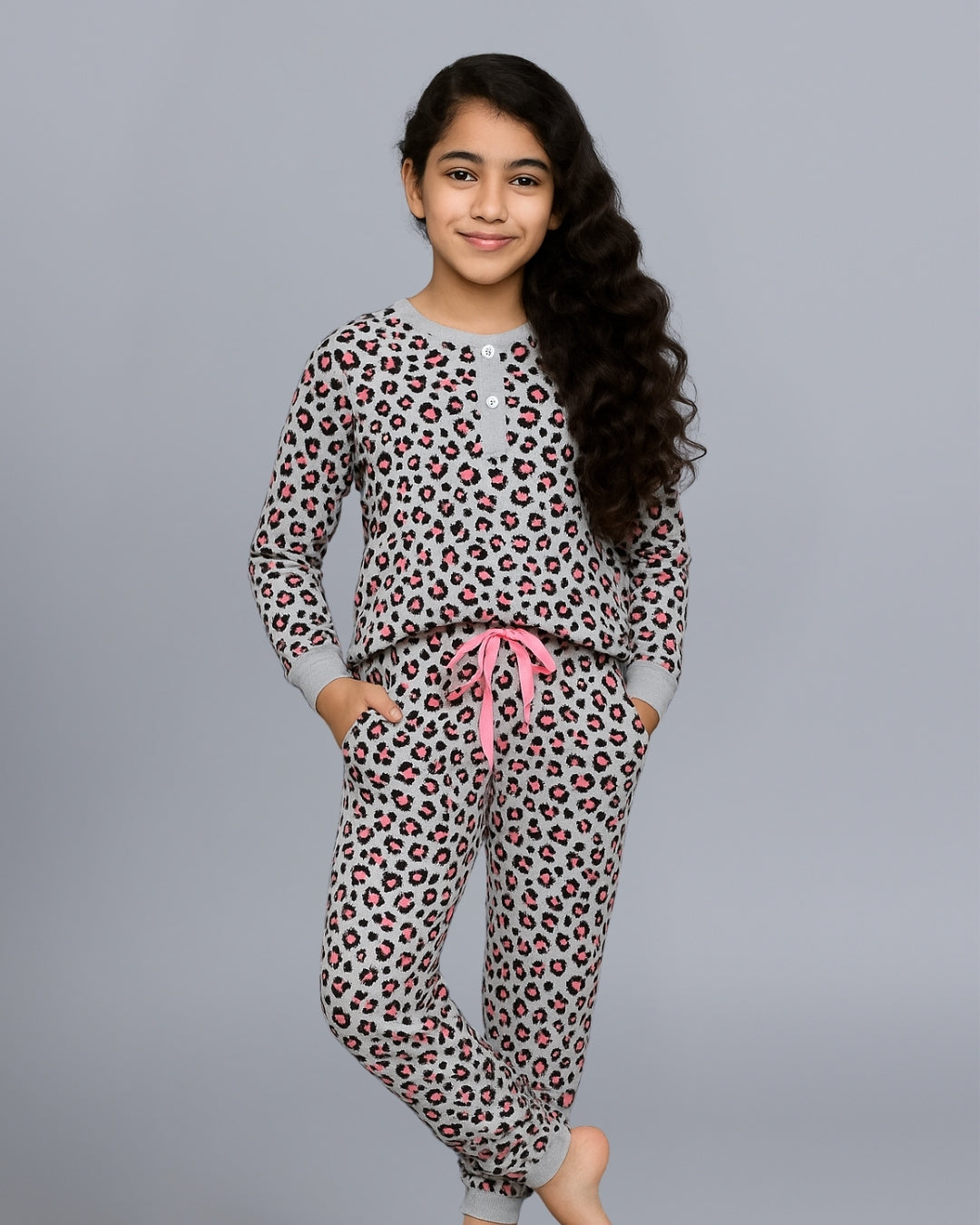 Grey Cheetah Printed Night Dress for Girls
