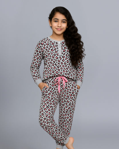 Grey Cheetah Printed Night Dress for Girls