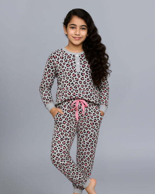 Grey Cheetah Printed Night Dress for Girls