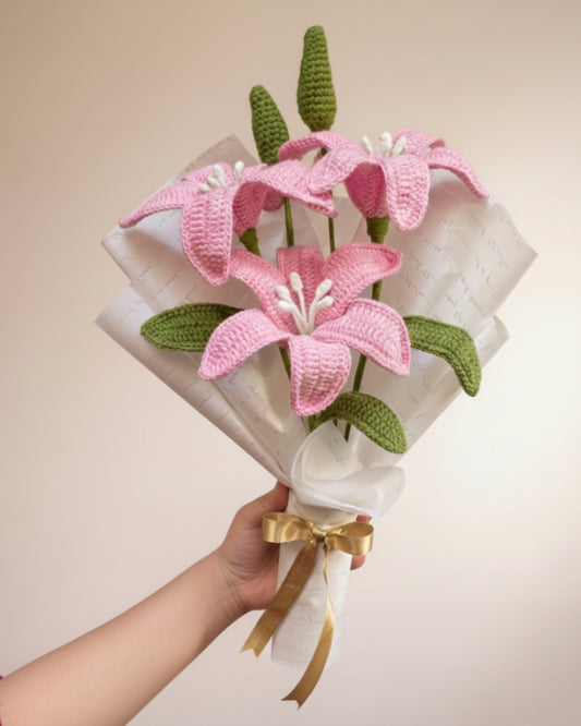 Handmade Crochet Premium Organic Thread Pink Lily Bouquet