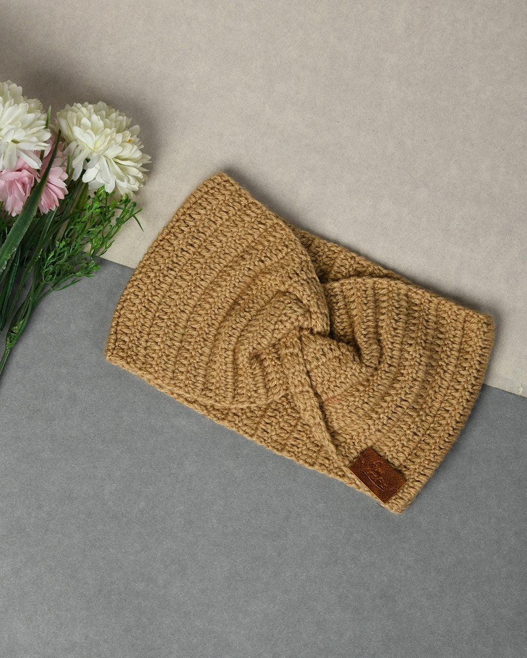 Beige Self Design Handmade Woollen Ear Warmer Muffs Headband for Kids