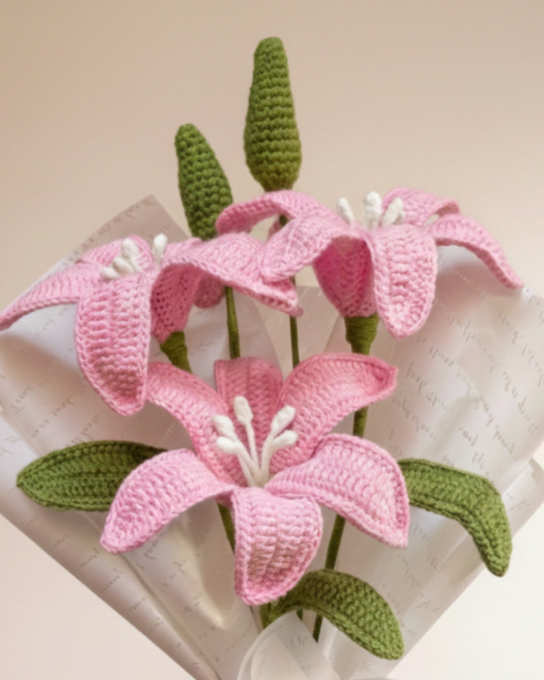 Handmade Crochet Premium Organic Thread Pink Lily Bouquet