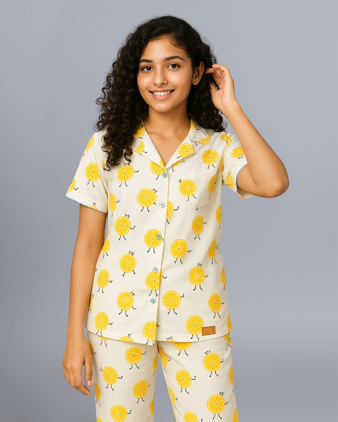 White Premium Cotton Half SleevesLemon Printed T-Shirt & Pyjama Set for Girls