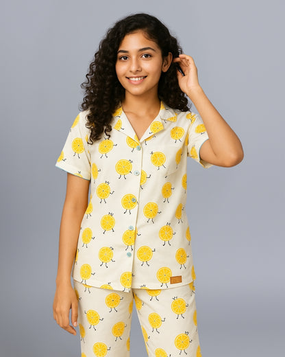 White Premium Cotton Half SleevesLemon Printed T-Shirt & Pyjama Set for Girls