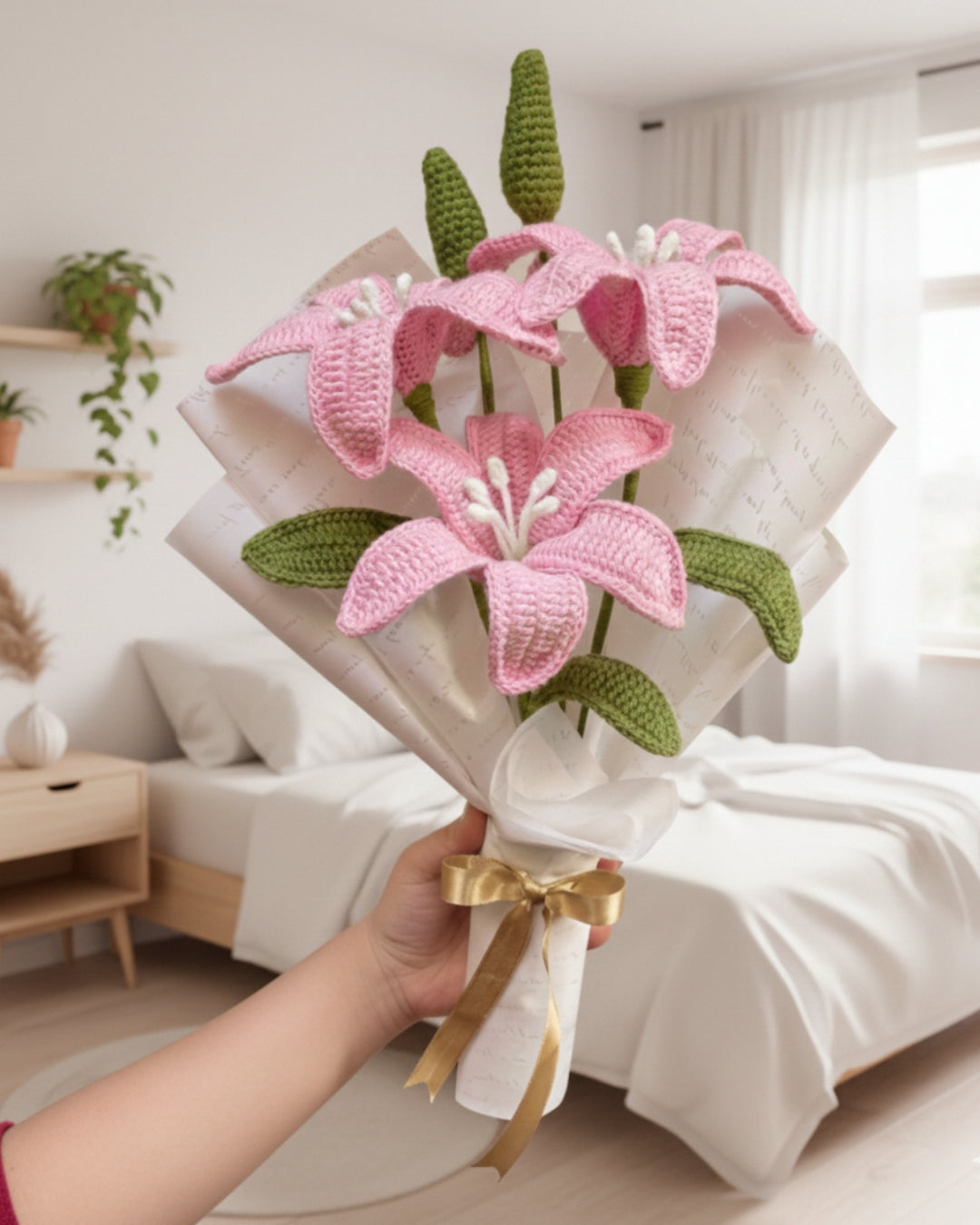 Handmade Crochet Premium Organic Thread Pink Lily Bouquet