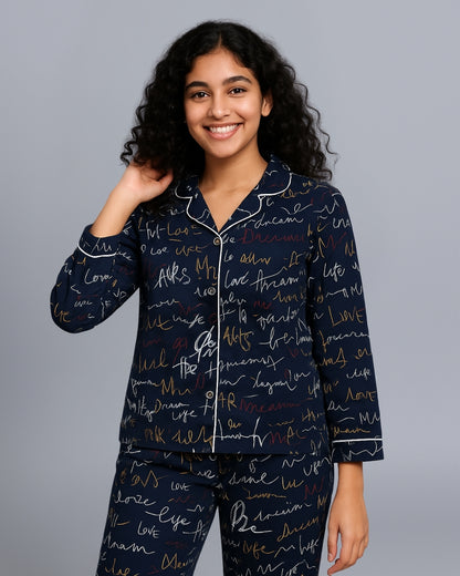 Navy Blue Typographic Printed Pure Cotton Night Suit for Kids