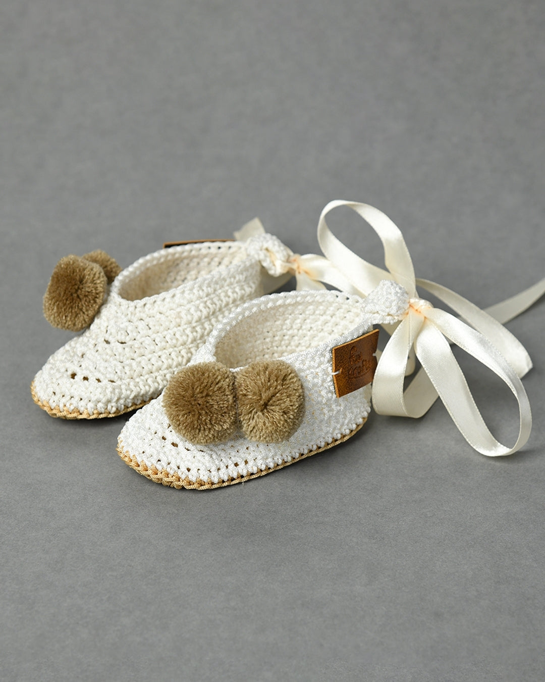 Off White Handmade Pom Pom Crochet Booties for Girls