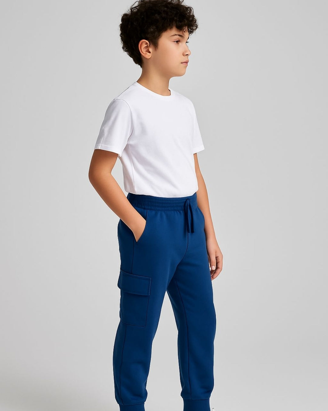 Blue Loop Knit Cotton Cargo Jogger with Pockets for Boys & Girls