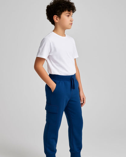 Blue Loop Knit Cotton Cargo Jogger with Pockets for Boys & Girls