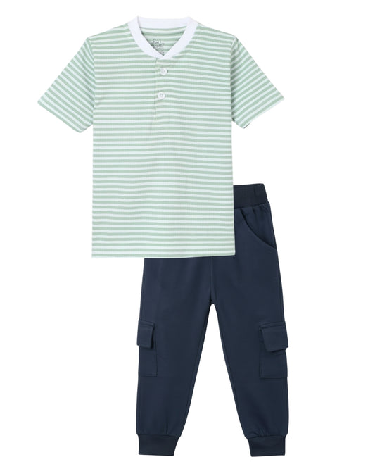 Strips Printed Premium Cotton Half Sleeves Green & White T-Shirt with Navy Blue Jogger for Boys