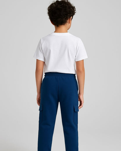 Blue Loop Knit Cotton Cargo Jogger with Pockets for Boys & Girls