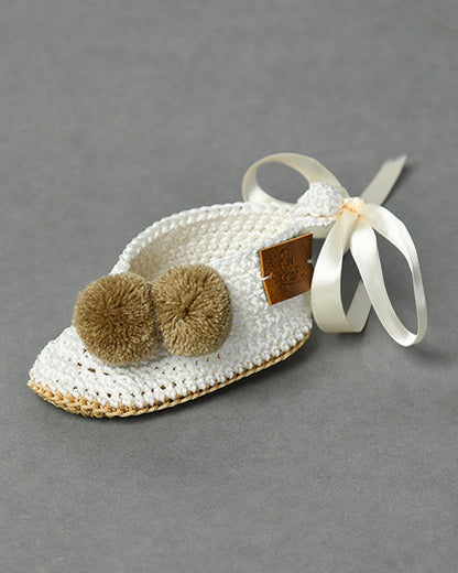 Off White Handmade Pom Pom Crochet Booties for Girls