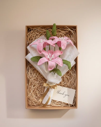 Handmade Crochet Premium Organic Thread Pink Lily Bouquet
