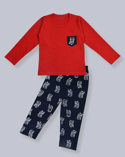 Red & Navy Blue Owl Printed Cotton Night Dress for Boys