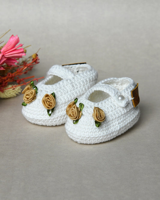 White Handmade Organic Thread Crochet Booties with Beige Floral Embellishment for Girls