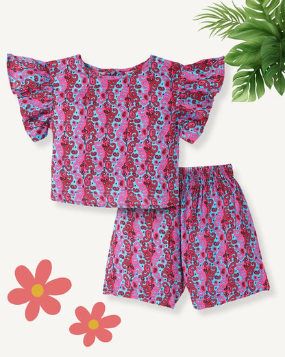 Purple Premium Cotton Floral Printed with Bio Finish Flutter Sleeves Top & Shorts Co-ord Set for Girls
