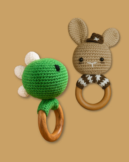 Handmade Crochet Dinobuddy Toy and Bugs Bunny Rattle Set for Babies Soft and Safe
