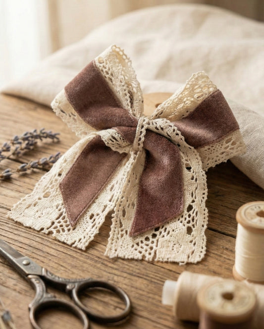 Mauve Velvet & Lace Bow with Tail Alligator Hairclip