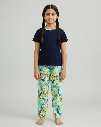 Multicolor Jungle Printed Cotton Night Suit for Girls