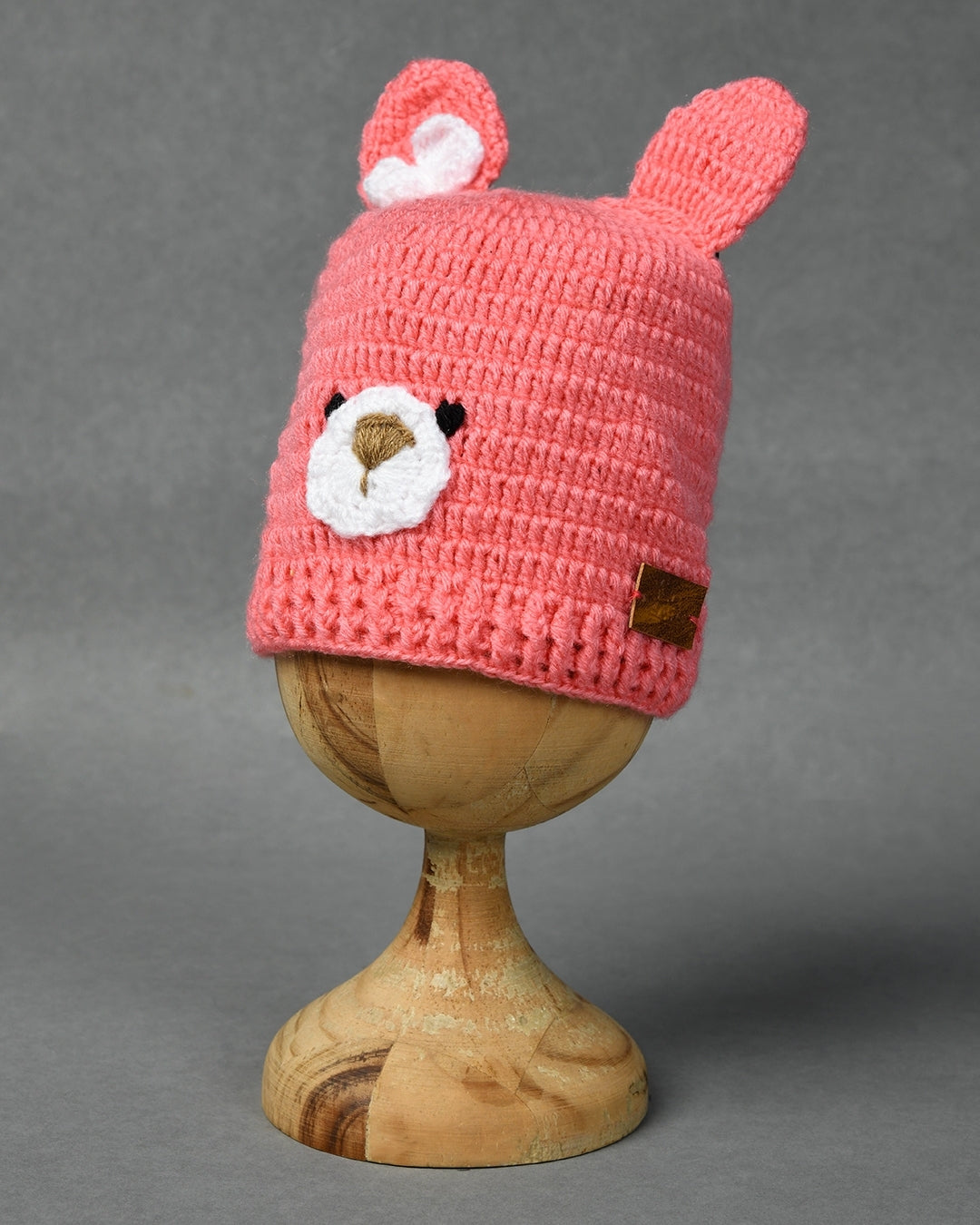 Pink Self Design Beanie Handmade Knitted Woollen Cap for Girls