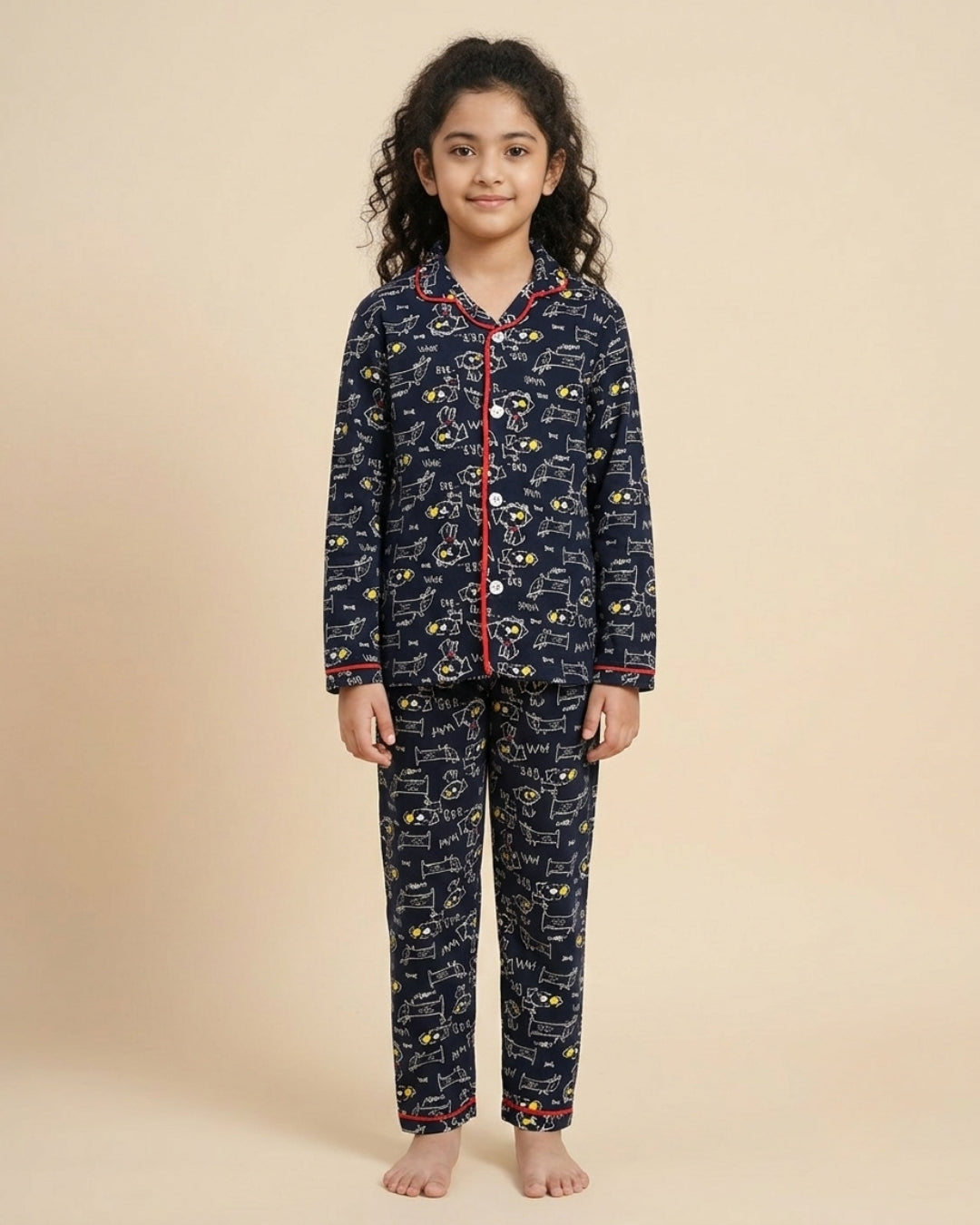 Black Puppy Print Night Suit for Kids