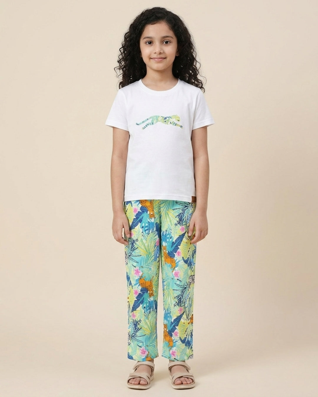 Jungle Printed Premium Cotton Half Sleeves White T-Shirt with Multicolor Pyjama for Girls