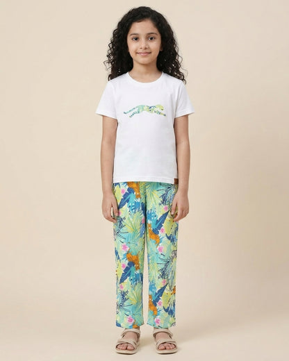 Jungle Printed Premium Cotton Half Sleeves White T-Shirt with Multicolor Pyjama for Girls