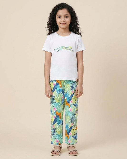 Jungle Printed Premium Cotton Half Sleeves White T-Shirt with Multicolor Pyjama for Girls