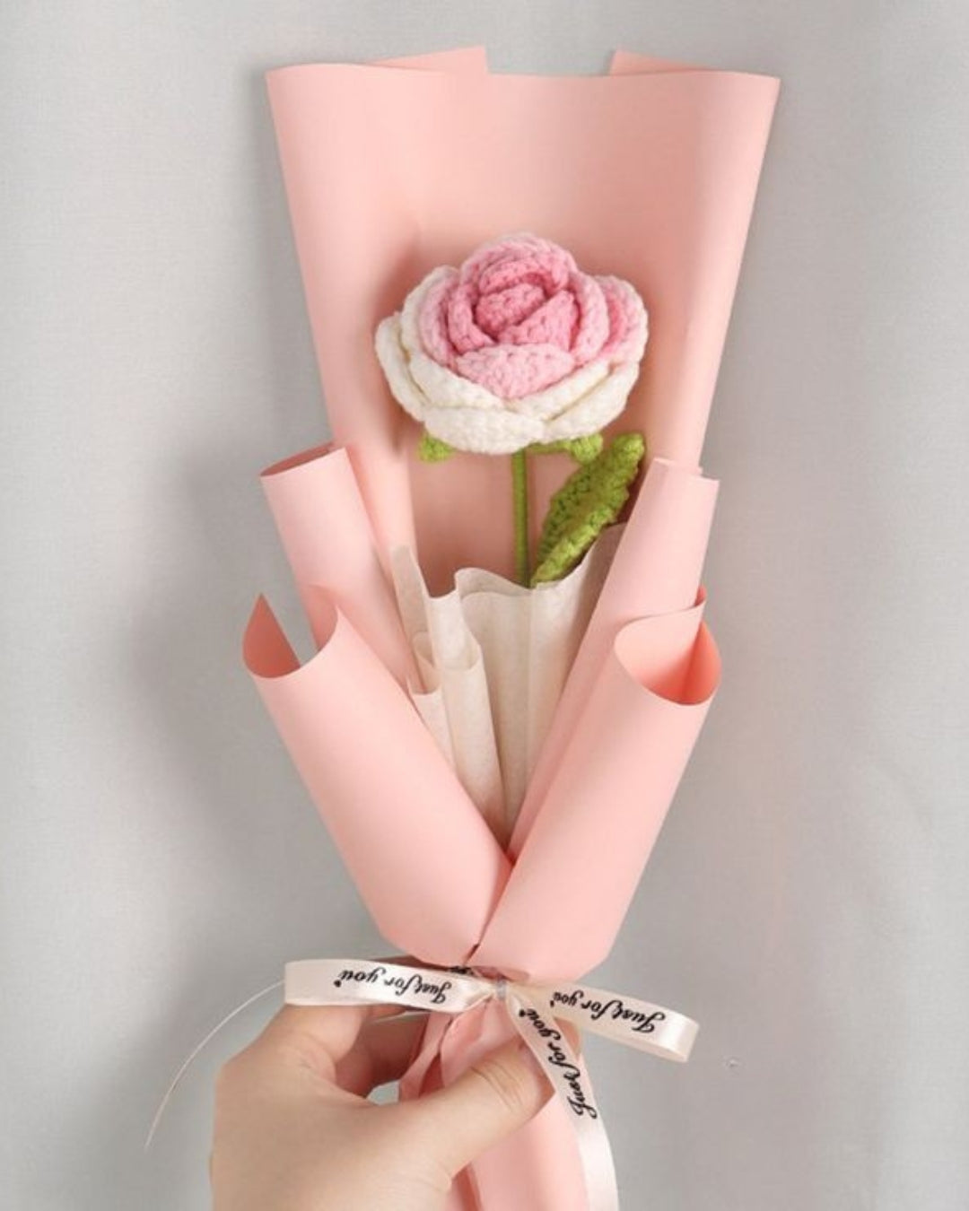 Handmade Crochet Pink & White Rose Bouquet