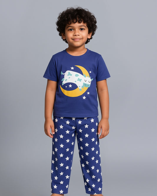 Blue Unisex Printed Cotton Kids Loungewear