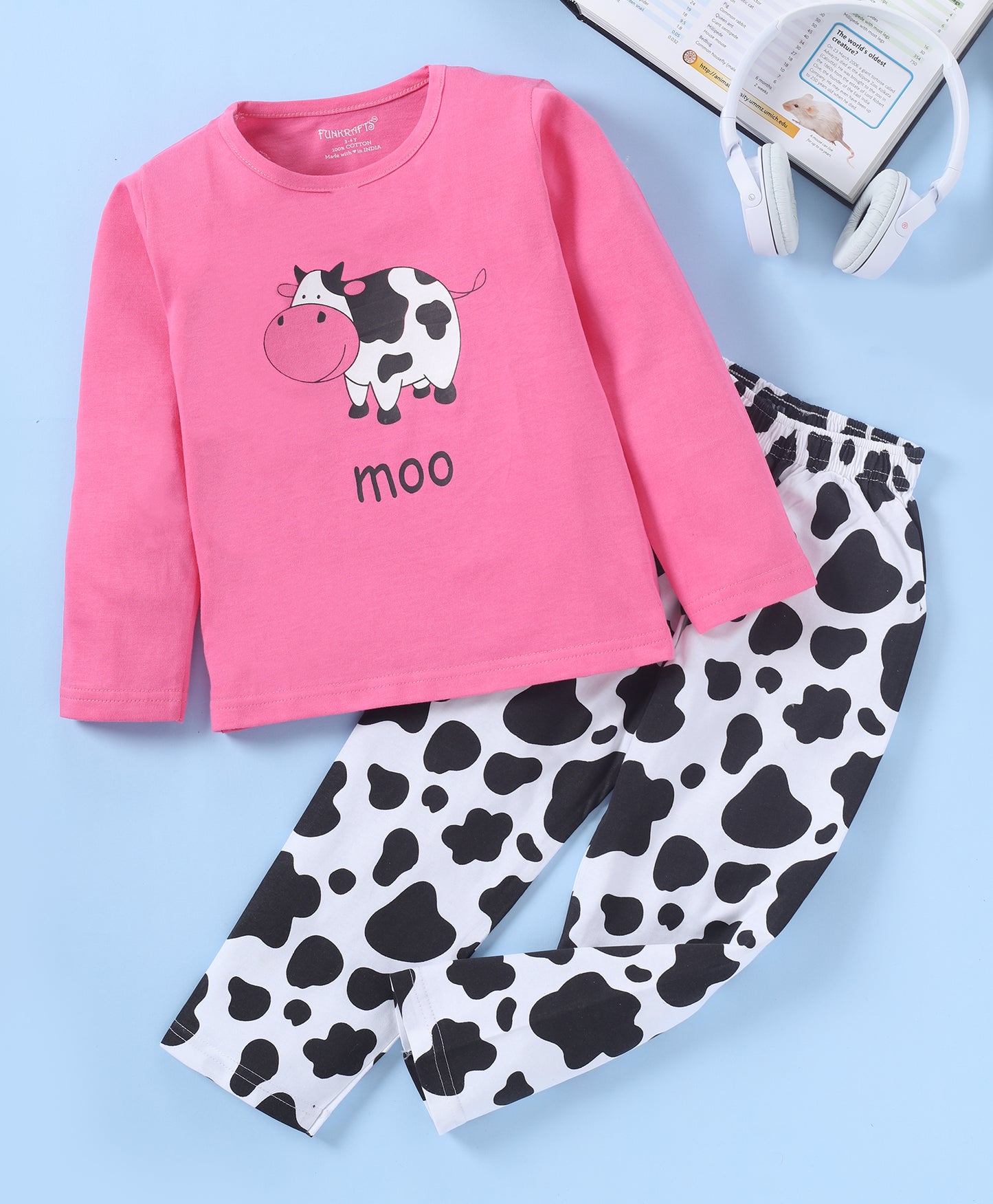 Pink & Black Swiss Cow Printed Girls Loungewear