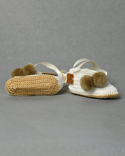 Off White Handmade Pom Pom Crochet Booties for Girls