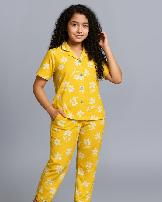 Mustard Floral Printed Night suit for Girls
