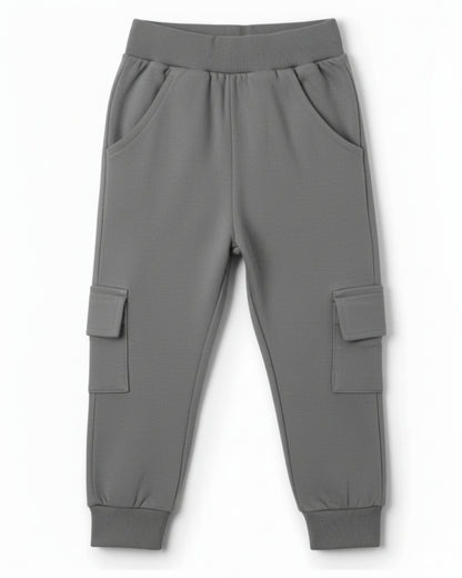 Grey Loop Knit Cotton Cargo Jogger with Pockets for Boys & Girls
